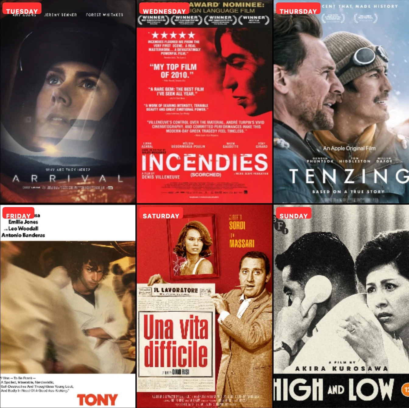 Weekly Film Series: Arrival, Incendies, Tenzing, Tony, Massari, High and Low