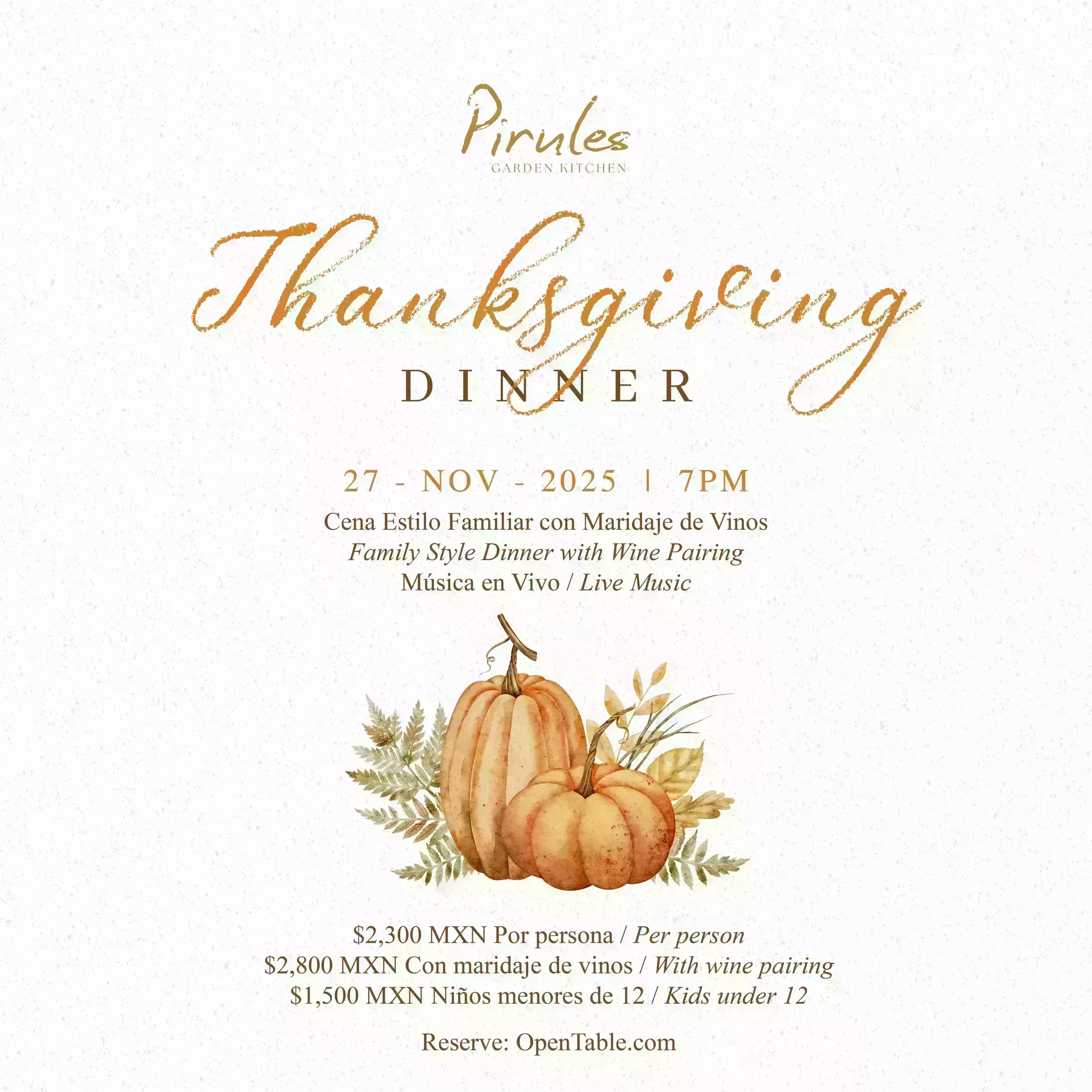 Thanksgiving Dinner Cena Estilo Familiar + Música en Vivo